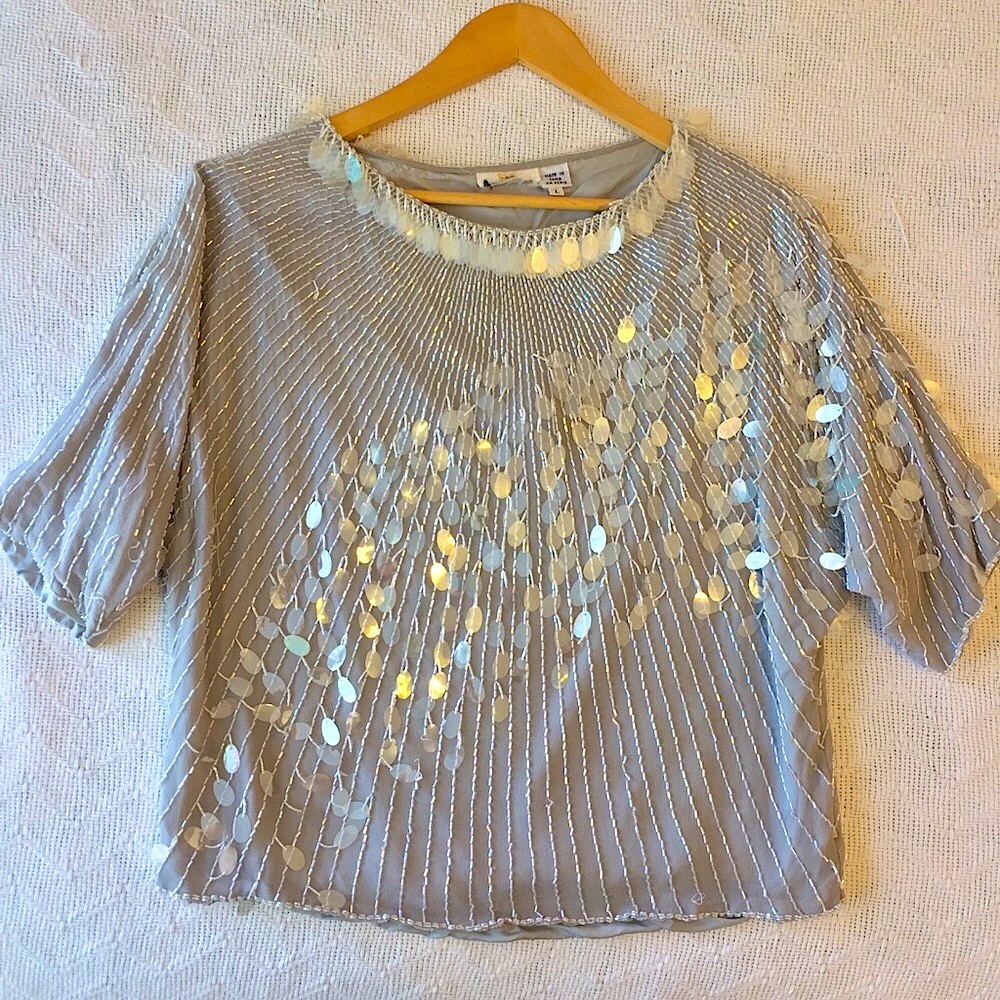 Vintage 80’s Silk Beaded Formal Top, Size Large